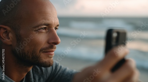 A man taking a picture of the ocean with his cell phone