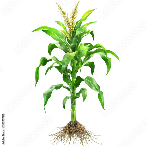 Young corn plant with roots and tassels growing green leaves isolated on a transparent background