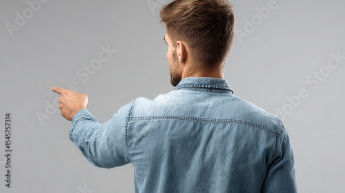 A man in a denim shirt pointing at something