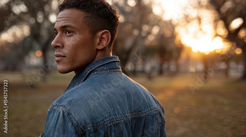 A man in a denim jacket standing in a park