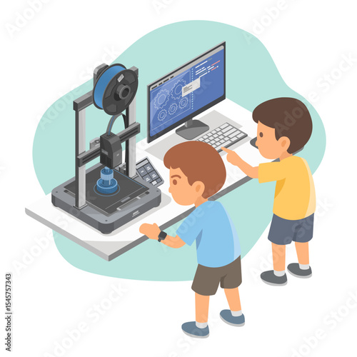 Children enhancing cognitive development by using a 3D printer and computer software to design mechanical parts in a hands-on learning environment