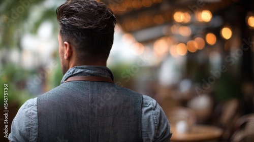 A man in a denim vest looking out over a restaurant