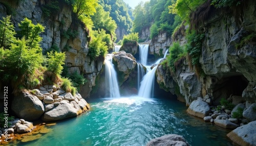 Majestic waterfall cascading into a tranquil pool surrounded by lush greenery and rocky cliffs.