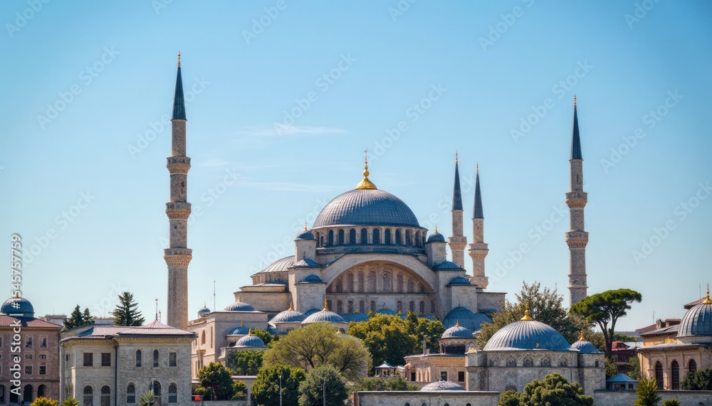 Fototapeta premium The Sultanahmet Mosque complex under a clear blue sky.