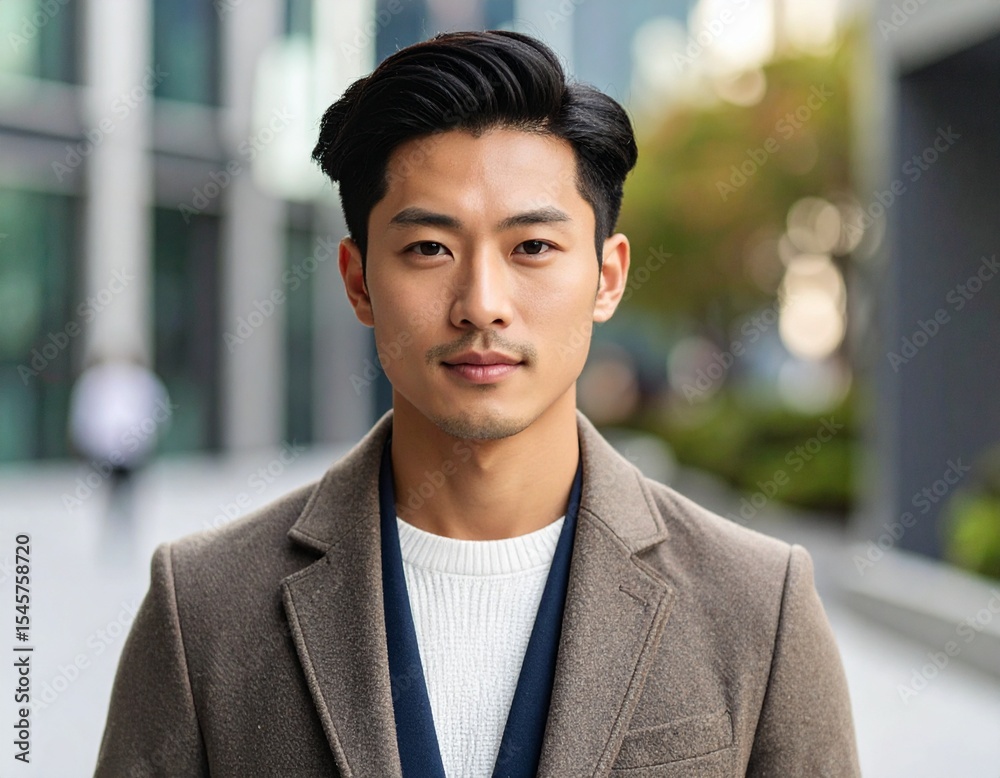 Obraz premium 落ち着いた表情の日本人ビジネスマン, Calm and Confident Japanese Businessman in Suit
