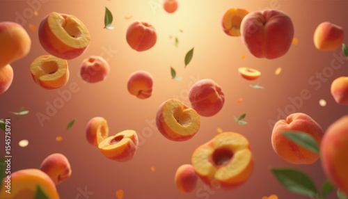 Peach halves and whole peaches in a dynamic display.