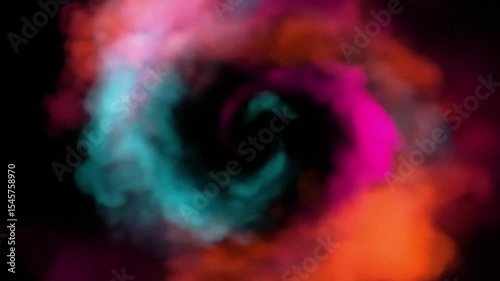 Vibrant swirling smoke tunnel with pink teal and orange on a dark background