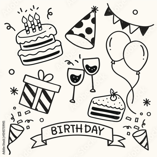 vector illustration of celebration birthday doodle art set, scribble hand drawn art,icon and symbol