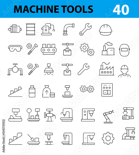 Machine Tool and Industrial Equipment Line Icons,  Wrench, Gear, Drill, CNC, Toolbox, Lathe, Robot Arm, and More