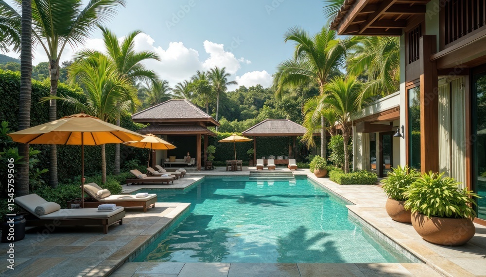 Fototapeta premium Tropical outdoor pool area with lush landscaping.