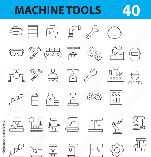 Machine Tool and Industrial Equipment Line Icons,  Wrench, Gear, Drill, CNC, Toolbox, Lathe, Robot Arm, and More