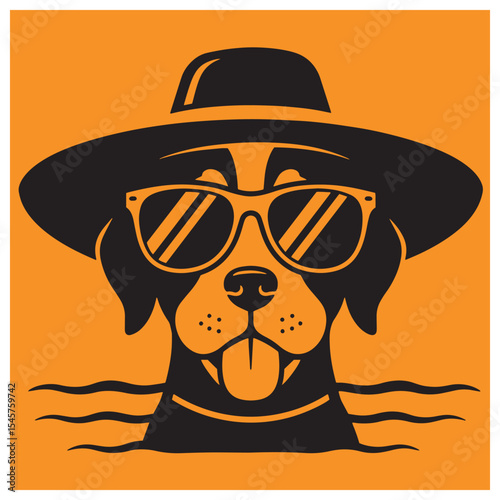 A cool dog wearing sunglasses and hat enjoying summer vacation in orange background