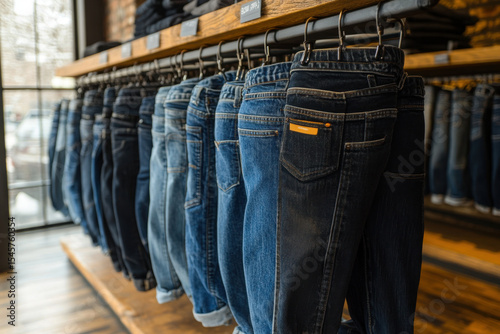 Jeans hanging on store rack. Variety of styles, colors displayed neatly. Shopping environment with trendy fashion choices.