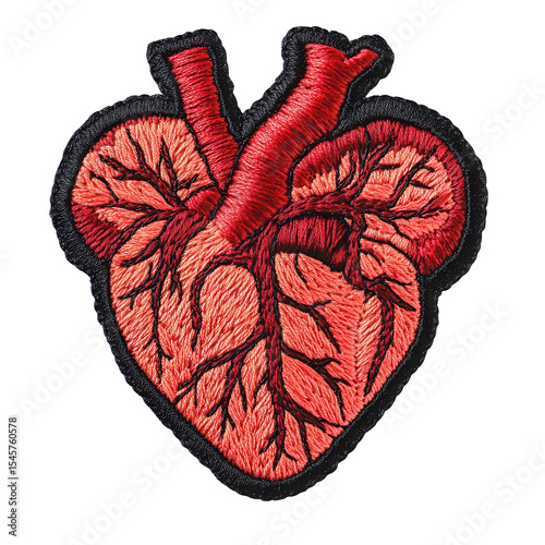 Embroidered anatomical heart patch red and black threads artwork isolated on a transparent background