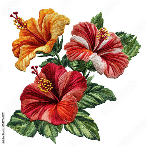 Exquisite Hibiscus Flower Embroidery Trio Vibrant Colors Detailed Stitching Tropical Floral Art isolated on a transparent background