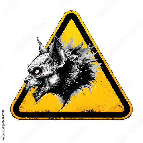 Warning sign featuring a fierce monster head illustration in a vibrant triangular design
