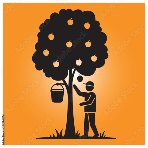 Apple picking illustration showing harvest season and farmer with bucket on tree