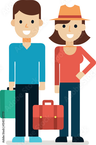 Male and Female Traveler Duo With Suitcases and Backpacks