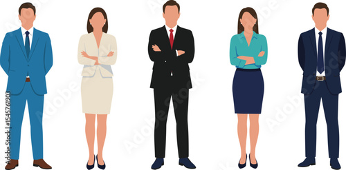 Business professionals standing with arms crossed, formal office dress code, confident male and female team, corporate attire illustration, workplace people vector pose