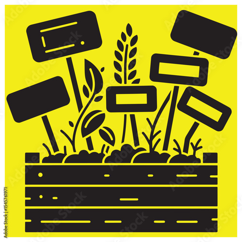 Black and yellow illustration depicting growing plants in a wooden planter with blank signs