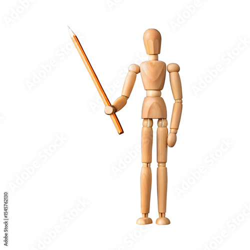 Wooden mannequin holding a pencil on a transparent background