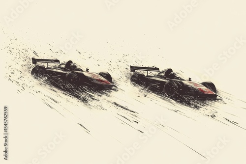 Fast racing cars competing on a track during a thrilling event in the early evening, showcasing speed and skill amidst a cloud of tire dust and excitement