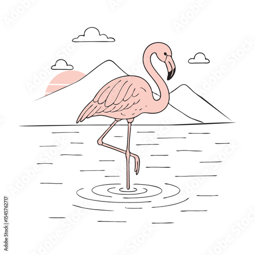 pink flamingo in water on background of mountains vector sketch seascape