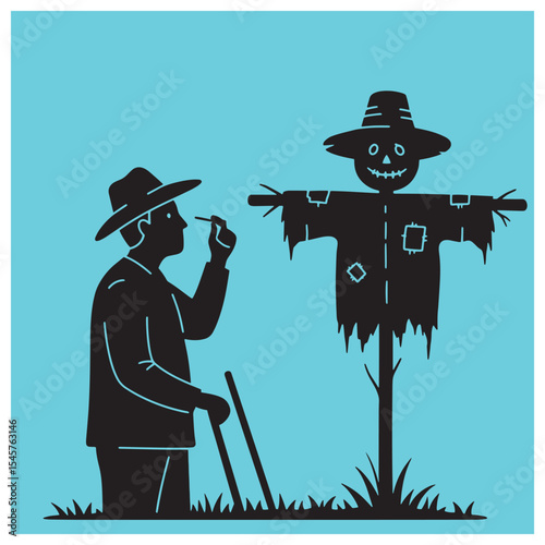 Farmer inspecting scarecrow in field with silhouette illustration against teal background
