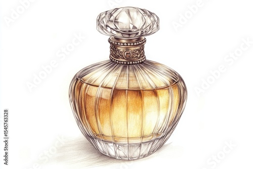 Elegant glass perfume bottle with a classic design showcasing a rich golden liquid, perfect for special occasions or daily wear, placed against a simple backdrop
