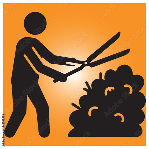 Icon of a gardener trimming a bush with large shears on an orange background