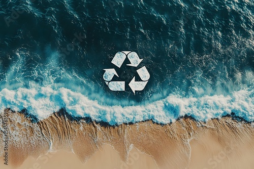 Aerial view of beach with recycling symbol representing environmental conservation and sustainability