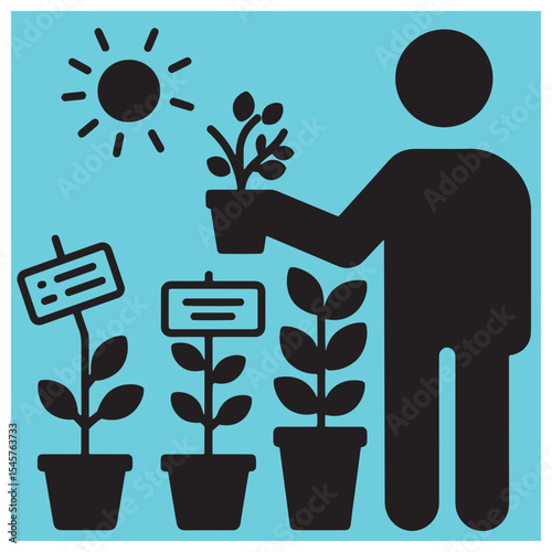 Man caring for plants depicted in a simple black and white illustration with sun