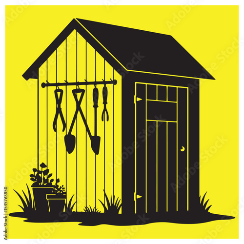 Silhouette of a garden shed with tools and potted plants against a bright yellow background