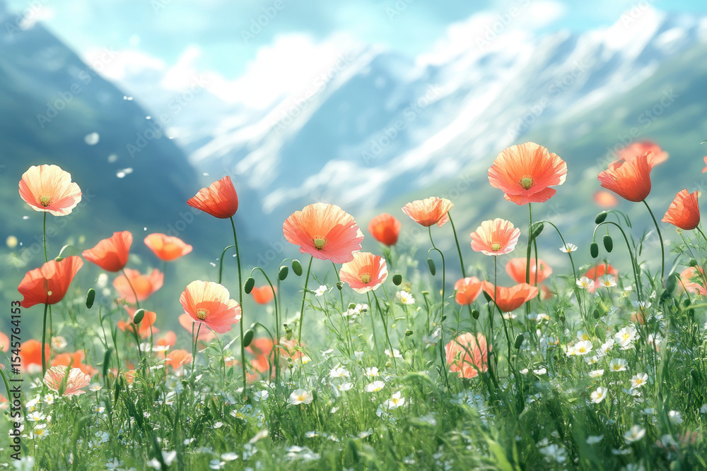 Naklejka premium Vibrant field of flowers with majestic mountains backdrop.