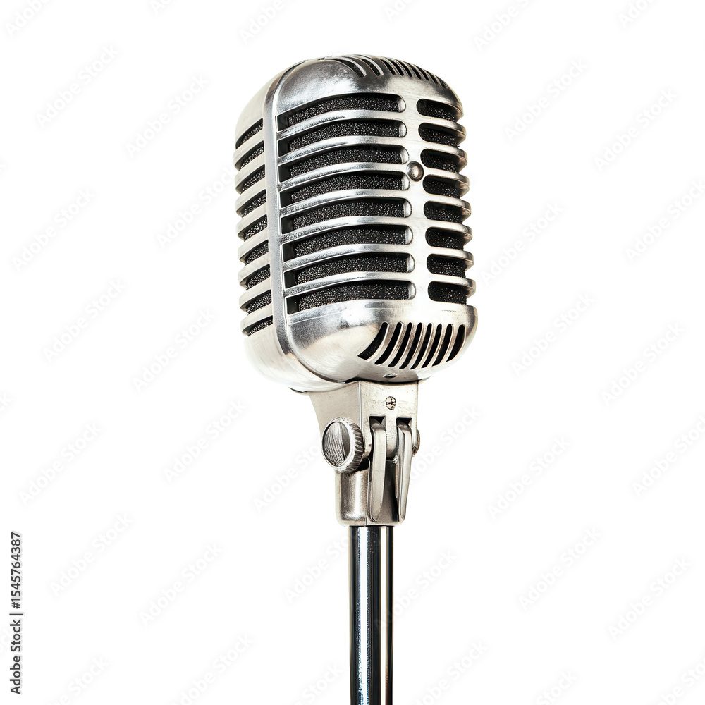 Fototapeta premium Vintage Microphone on Stand Silver Metal Retro Music Recording Studio isolated on a transparent background