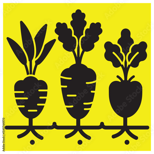 Stylized illustration of three root vegetables growing in the earth with bright yellow background