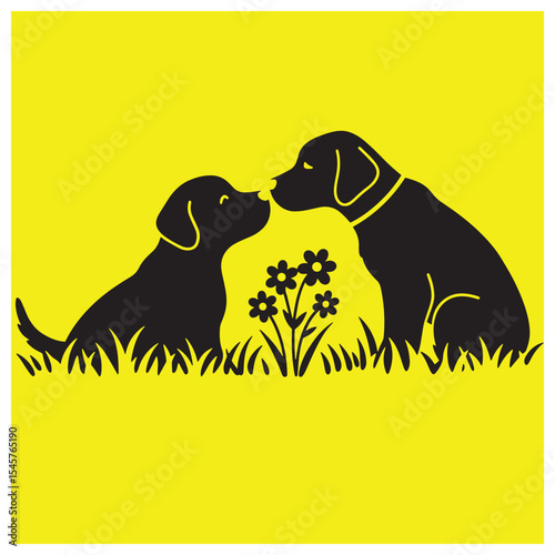 Two black labrador retrievers silhouetted with flowers against bright yellow background