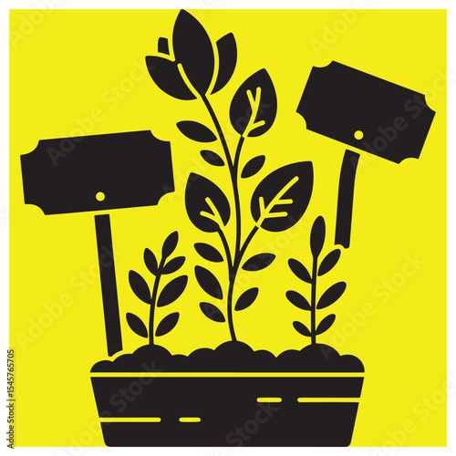 Vector illustration of a planted seedling with label boards against a yellow background