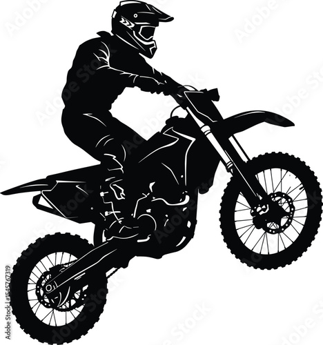 Motocross rider silhouette on dirt bike jumping in mid-air, off-road motorbike stunt, extreme sport illustration, biker with helmet in racing action vector
