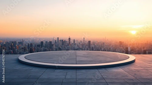 A circular platform overlooks a sprawling city skyline at sunset with warm, golden light casting long shadows over the urban landscape.
