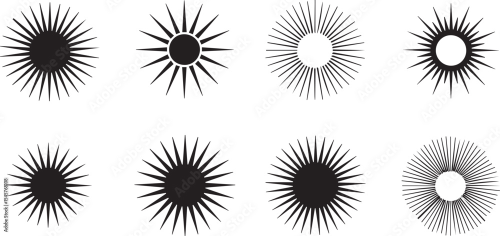 Eight sunburst silhouettes isolated on white background