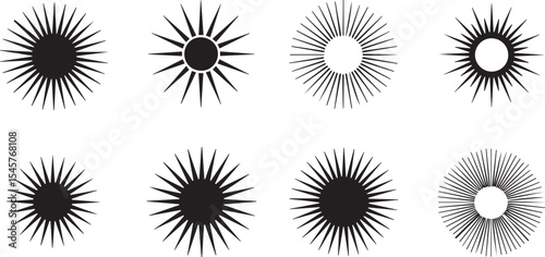 Eight sunburst silhouettes isolated on white background