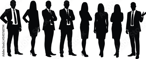 Silhouette group of business professionals standing together, teamwork concept, formal corporate attire, leadership pose, black and white vector illustration, isolated background, office unity