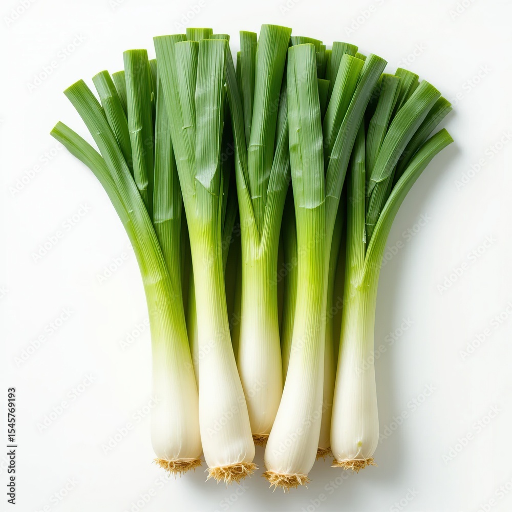 Obraz premium Fresh green leeks arranged on white background