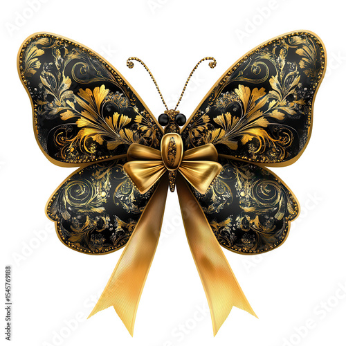 Elegant Black and Gold Butterfly with Bow isolated on a transparent background