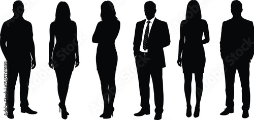 Silhouette group of modern business people, male and female, standing in professional pose, team diversity concept, black figure on white background, vector illustration