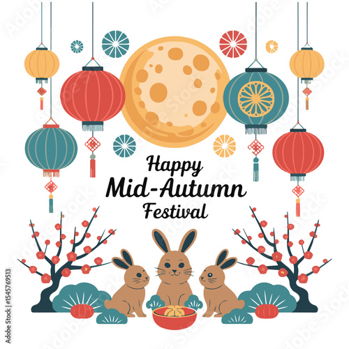 Happy Mid-Autumn Festival with Full Moon, Lanterns, Rabbits, and Cherry Blossoms

