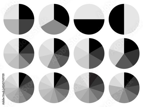 Circle division 1, 2, 3, 4, 5, 6, 7, 8, 9, 10, 11, 12 equal parts blank. Circle divided diagrams, sections, segments. Circle pie chart infographic wheel segment fraction. Infographic icons set vector.