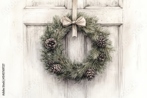 Beautiful green pine wreath with pinecones and a bow hanging on a rustic wooden door during the winter holiday season