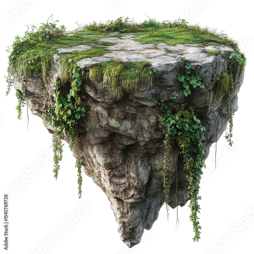 Floating rock island lush green plants mossy surface isolated on a transparent background